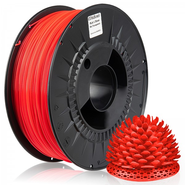 MIDORI® 3D Drucker 1,75mm PLA Filament 1kg Spule Rolle Premium Rot Transparent