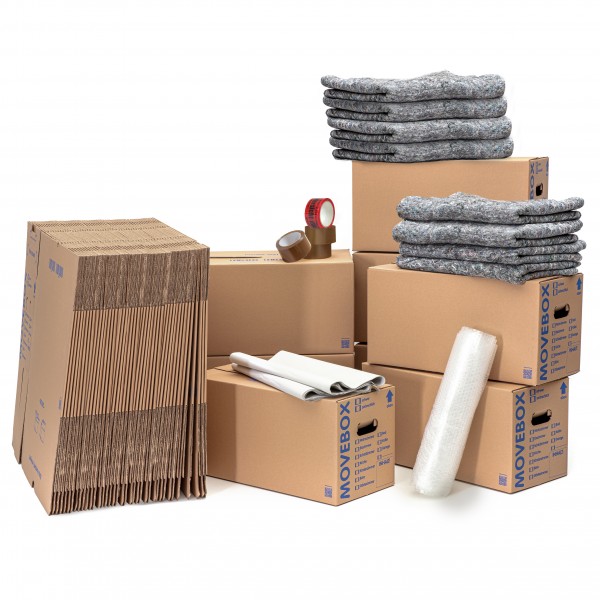 Umzugsset 4-5 Zimmer Wohnung Umzugskartons Packseide Luftpolsterfolie Klebeband Umzugsdecken