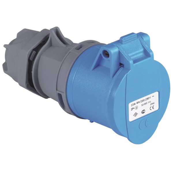 CEE-Kupplung mit Schutzkappe Außenbereich 32A 3-polig 2P + PE 200V bis 250V IP44 Blau
