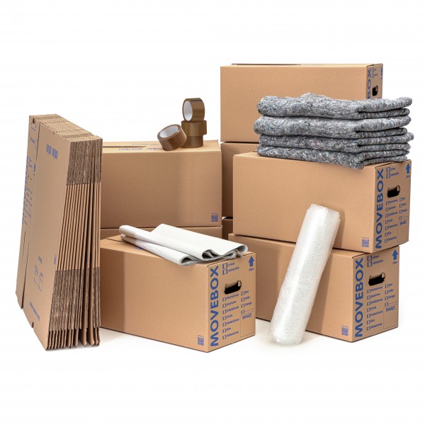 Umzugsset 2-3 Zimmer Wohnung Umzugskartons Packseide Luftpolsterfolie Klebeband Umzugsdecken