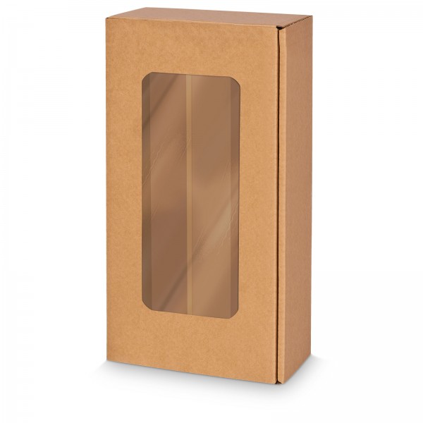 1000 x Präsentkarton für 2 Flaschen 360x180x90 mm Kraftpapier Fenster Natur