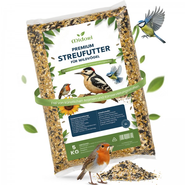 Midori Vogelfutter Wildvogelfutter Streufutter Premium Ganzjahresfutter Wildvögel Gartenvögel 5 kg