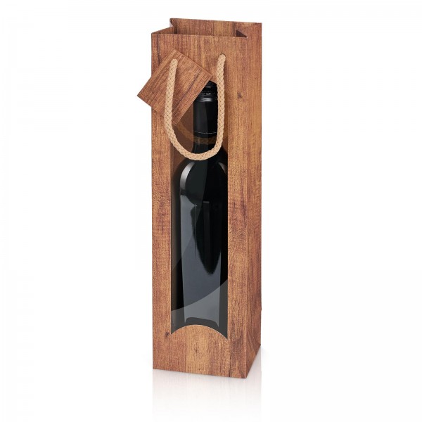 1000 x Papiertragetasche für 1 Flasche 100x85x360 mm Holzoptik Fenster Braun