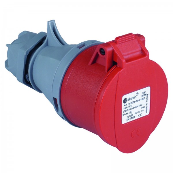 CEE-Kupplung mit Schutzkappe Außenbereich 16A 5-polig 3P+N+PE 345V bis 415V IP44 Rot