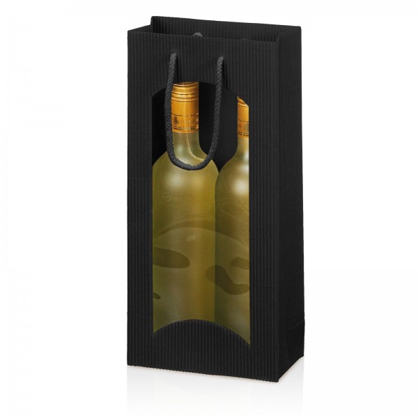 500 x Tragetasche Geschenktüte für 2 Flaschen 170x85x360 mm offene Welle Fenster Schwarz