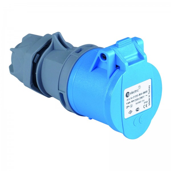 CEE-Kupplung mit Schutzkappe Außenbereich 16A 3-polig 2P + PE 200V bis 250V IP44 Blau