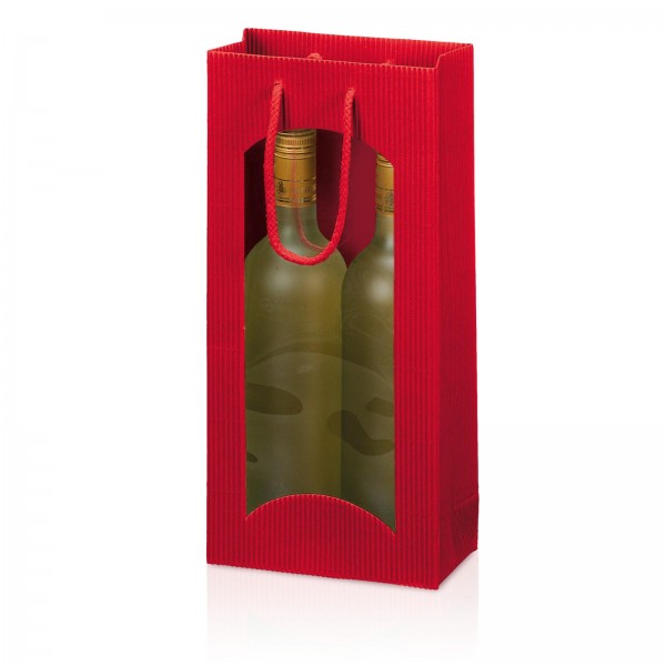 500 x Tragetasche Geschenktüte für 2 Flaschen 170x85x360 mm offene Welle Fenster Rot