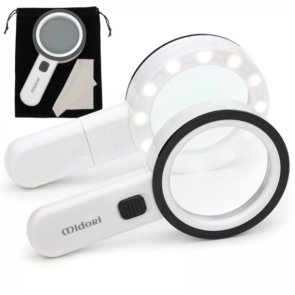 Midori® LED Lupe Leselupe 30-fache Vergrößerung Handlupe 80 mm Linse
